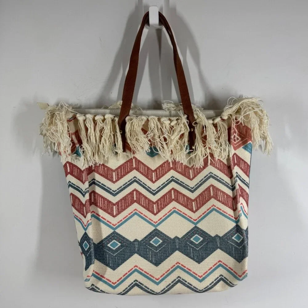Boho Aztec Fringe Tote Bag Tribal Canvas Beach Shopper Southwest Style Summer - Picture 2 of 14